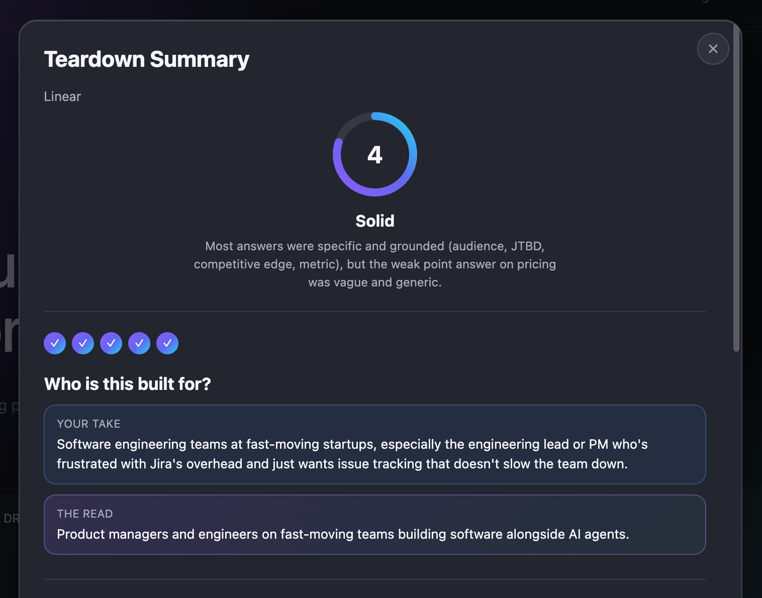 Teardown summary screen with a score ring and a breakdown of each answer